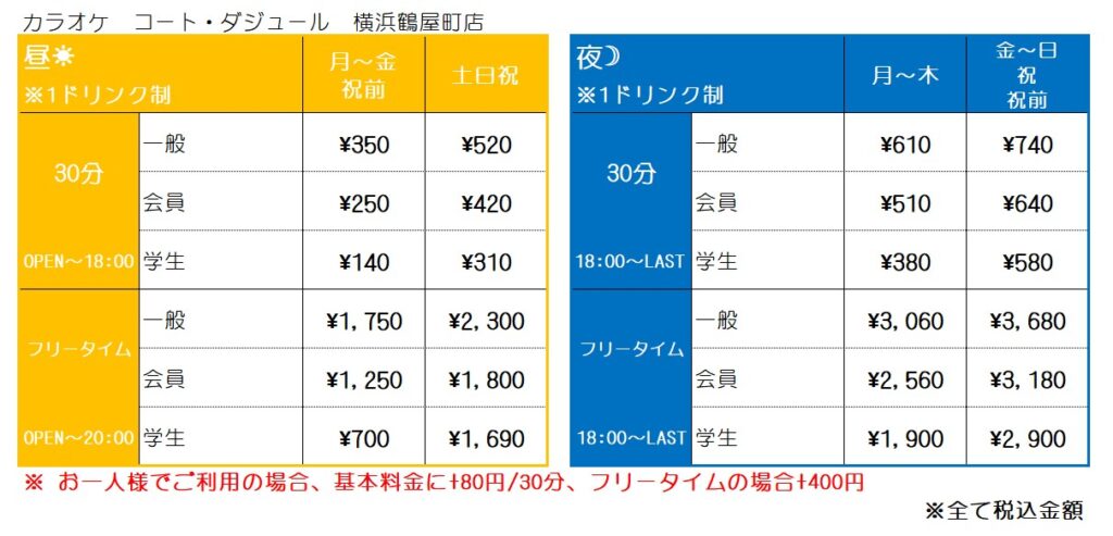 カラオケ　コート・ダジュール　横浜鶴屋町店料金